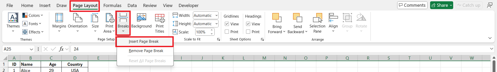 how to insert page break in excel