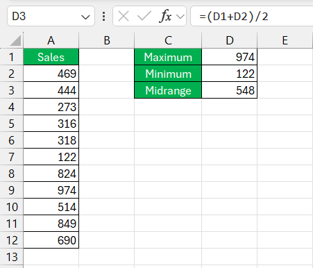 Midrange formula in Excel