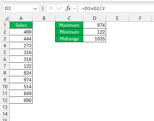 Midrange formula in Excel