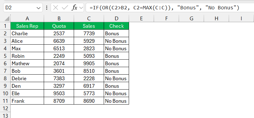 OR Function in Excel