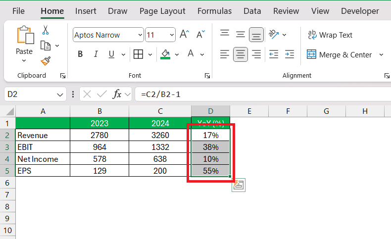 yoy growth formula