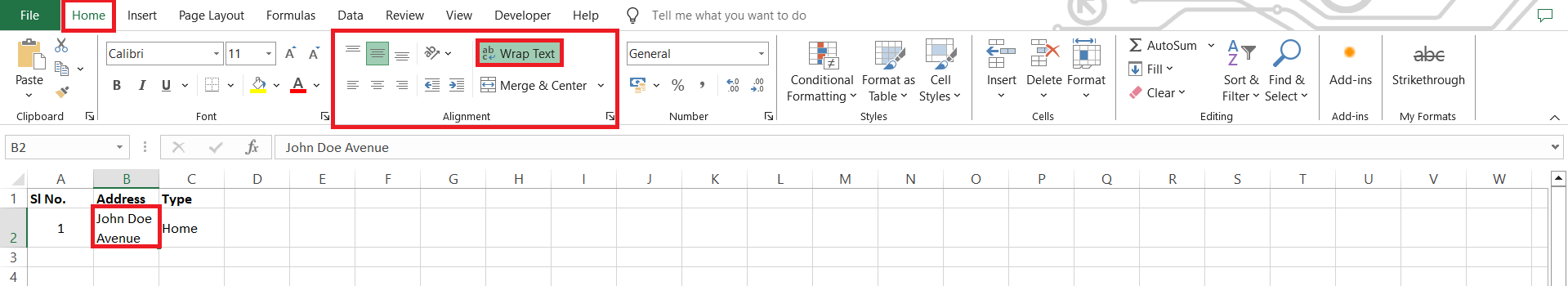 wraptext in excel