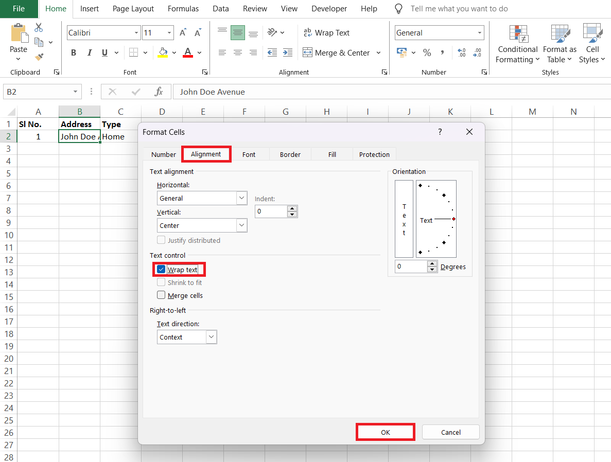 wraptext in excel