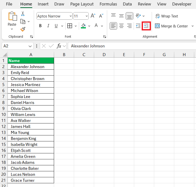 How to Indent Second Line in Excel