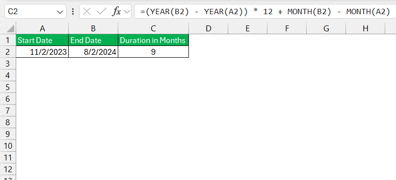 How Many Months Between Two Dates in Excel