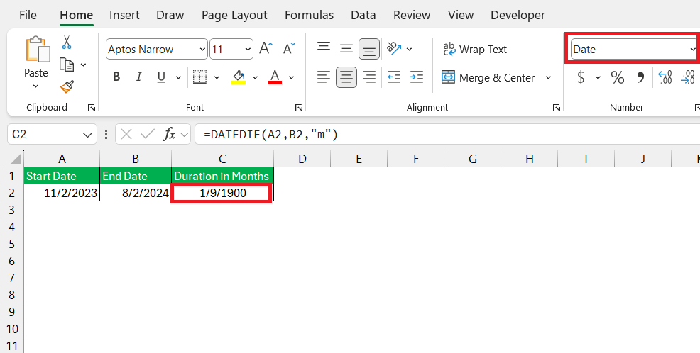 How Many Months Between Two Dates in Excel