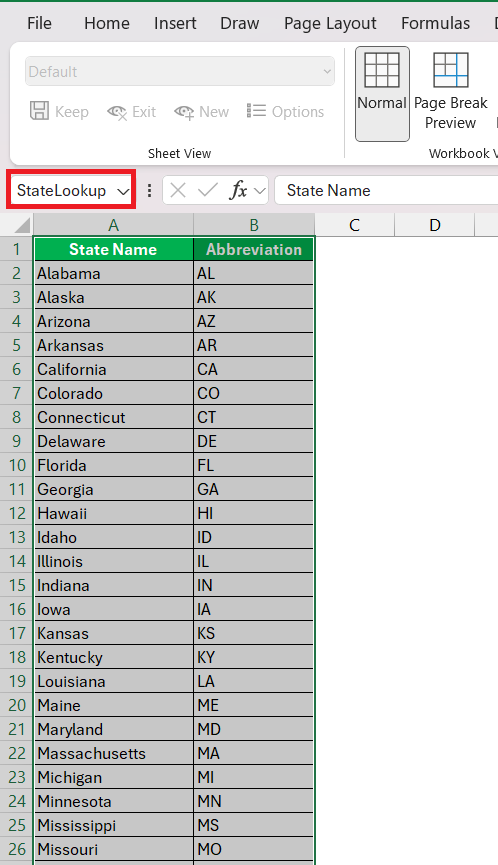 List of State Abbreviations in Excel