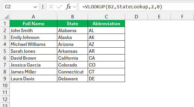 List of State Abbreviations in Excel