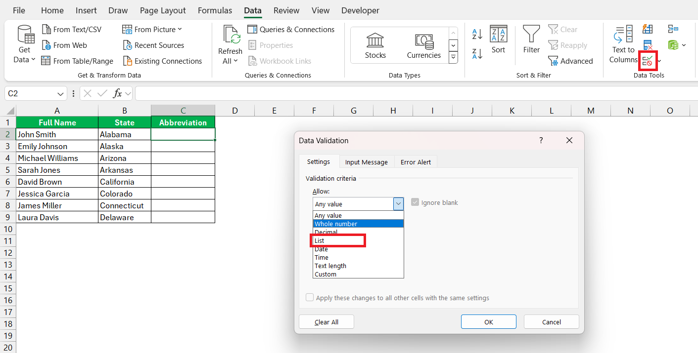 List of State Abbreviations in Excel