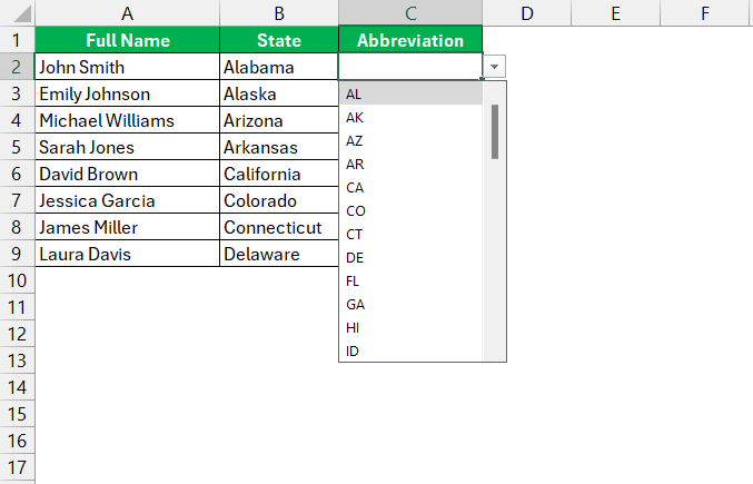 List of State Abbreviations in Excel