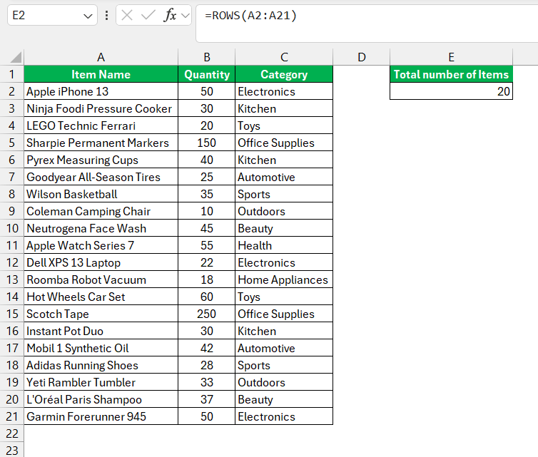 Count Excel Row