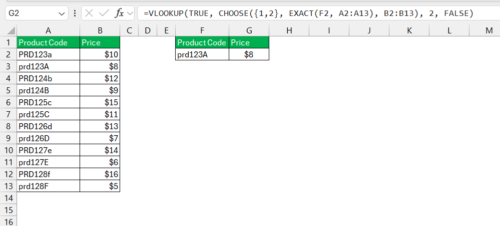 VLOOKUP Case Sensitive in Excel