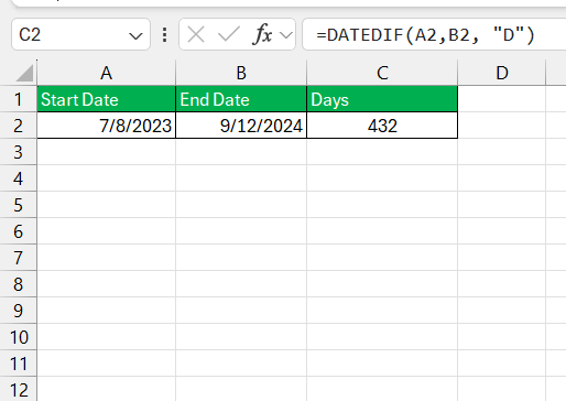 start date calculation in excel