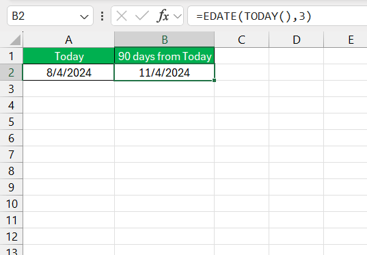 90 Days Before Today in Excel