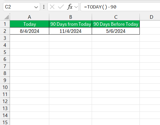 90 Days Before Today in Excel