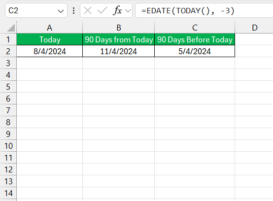 90 Days Before Today in Excel