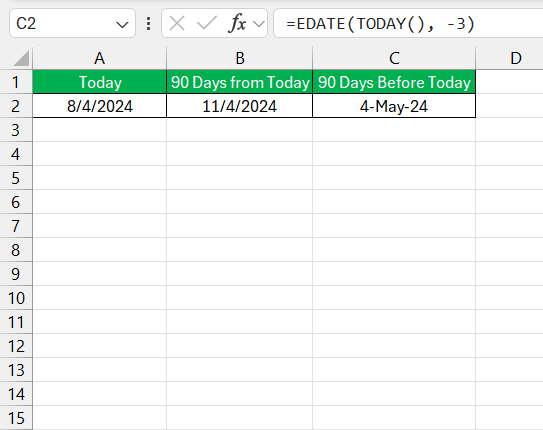 90 Days Before Today in Excel