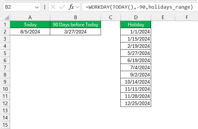 90 Days Before Today in Excel