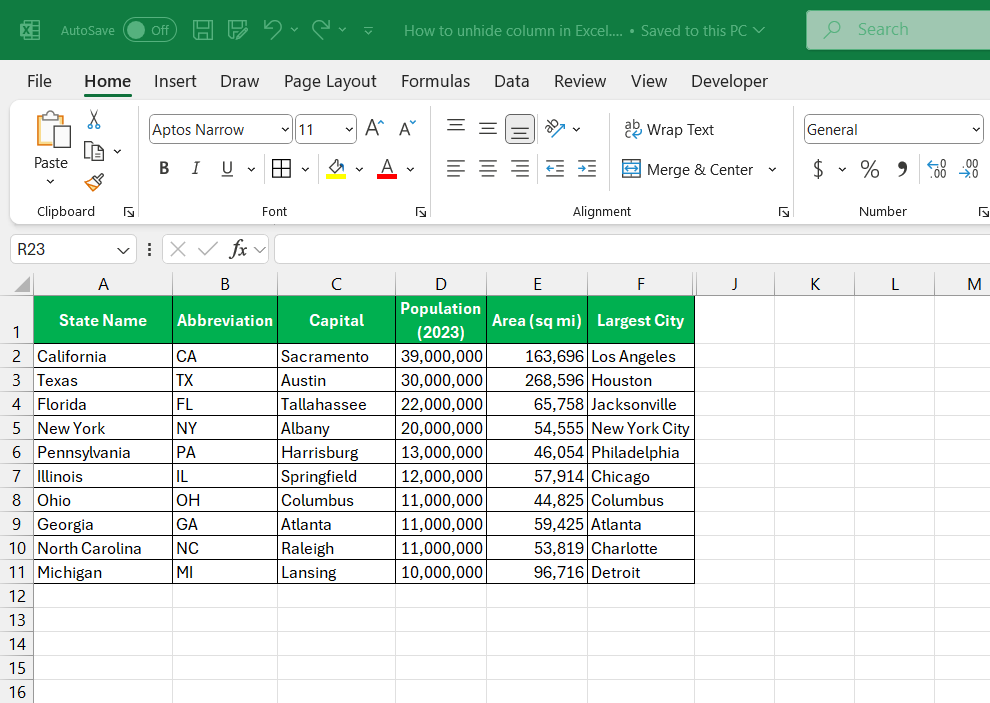 How to Unhide Column in Excel