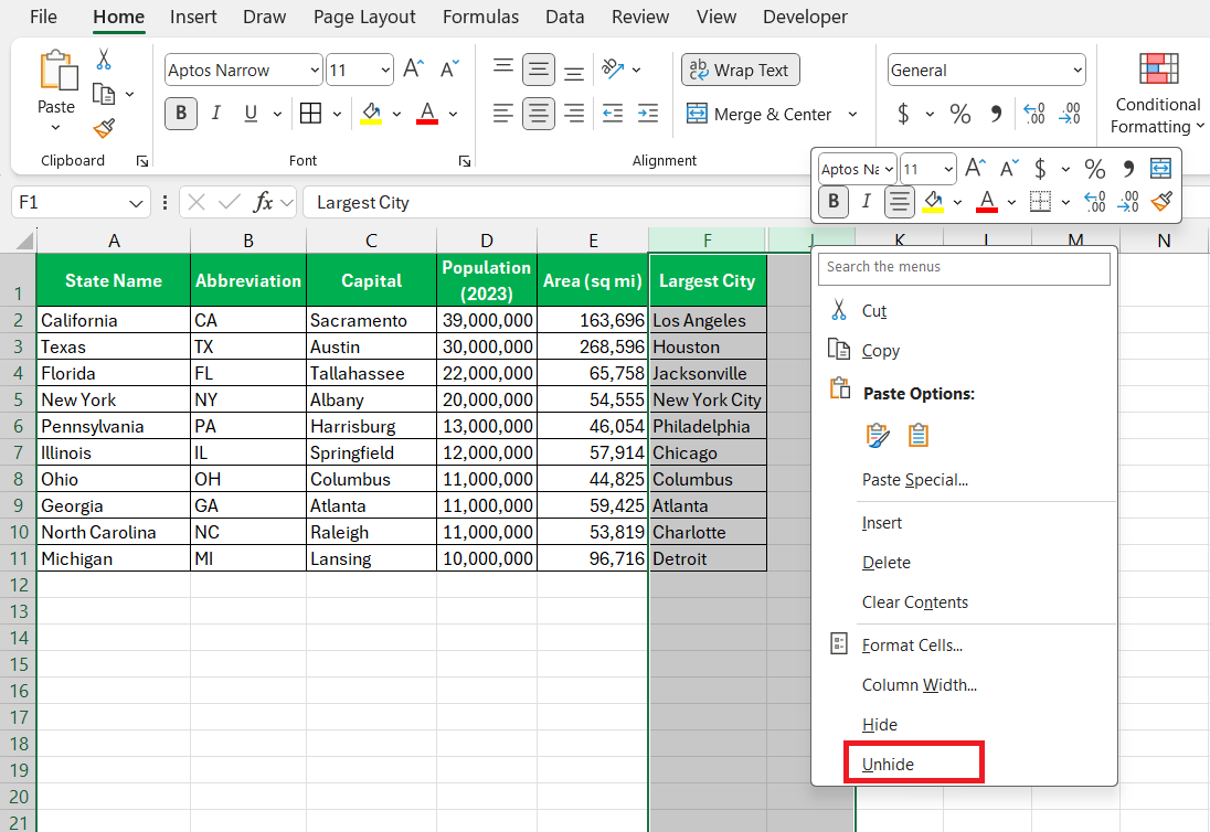 How to Unhide Column in Excel