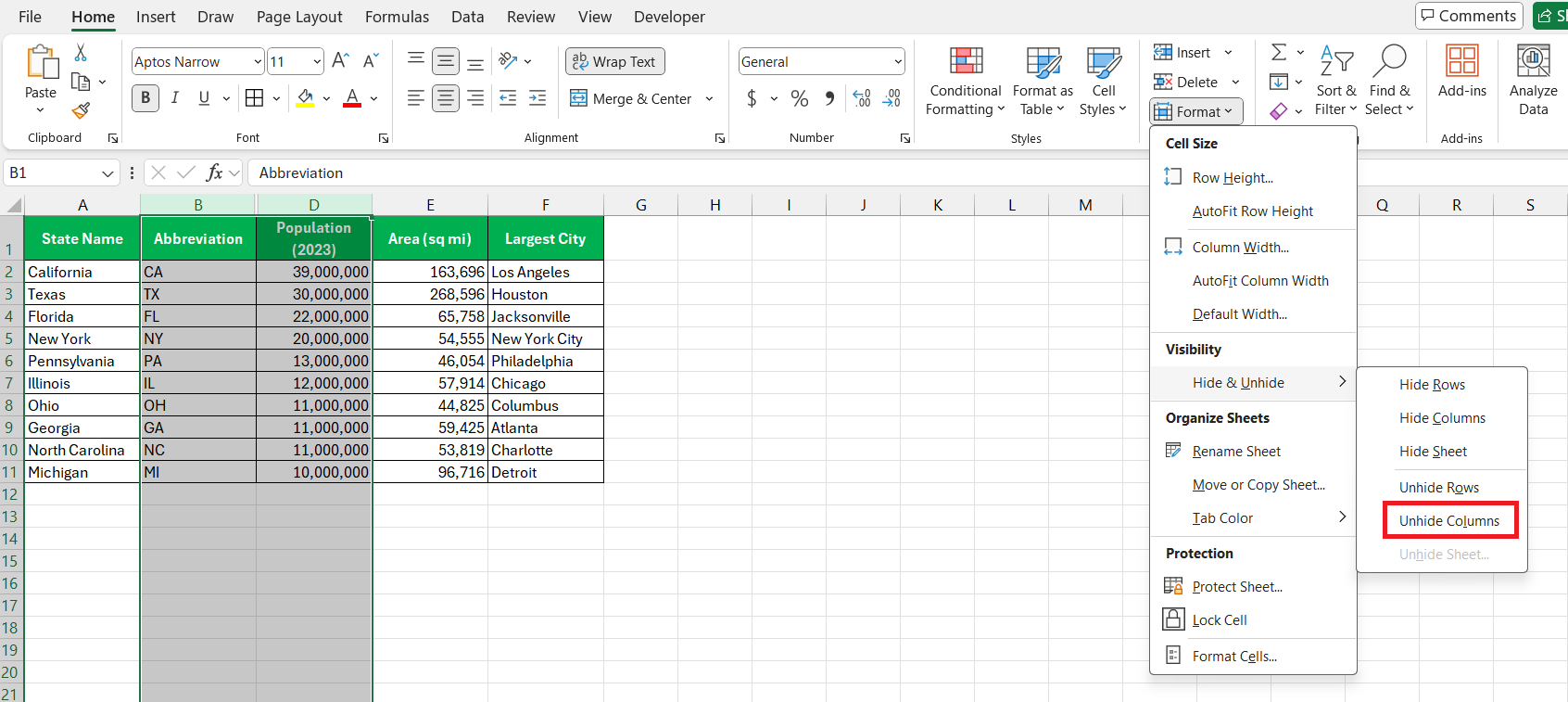 How to Unhide Column in Excel