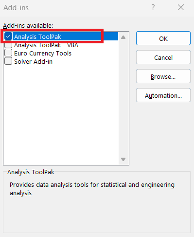 test statistic in excel