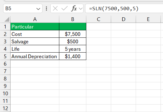 SLN Function in Excel