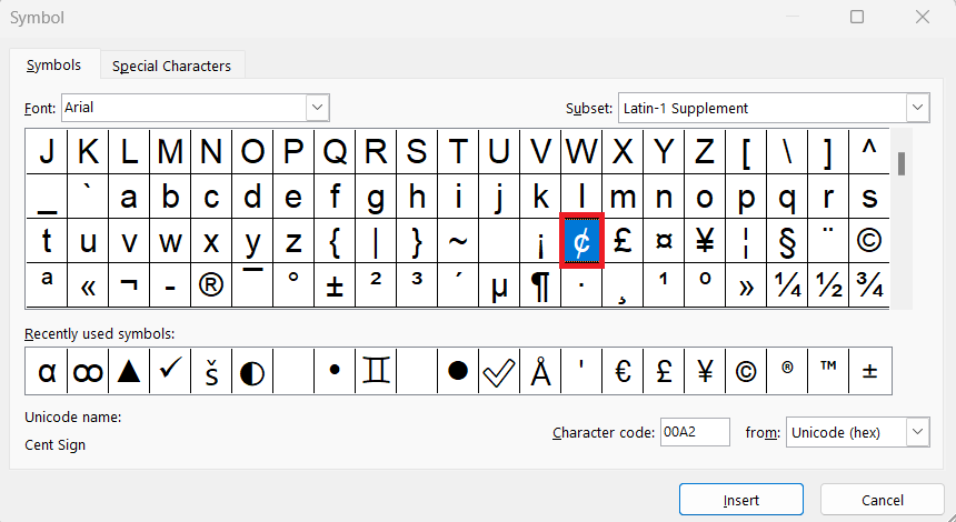 Insert Cent Symbol in Excel