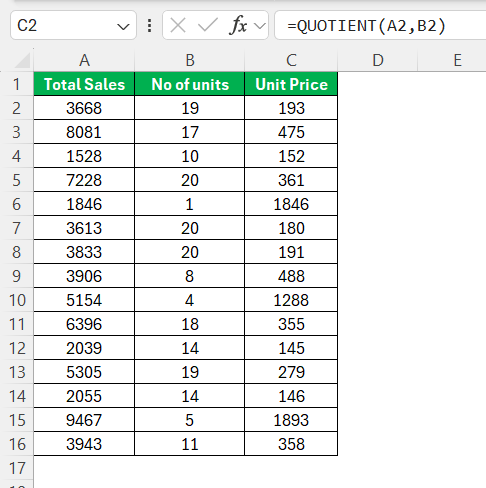 Divide 2 Columns in Excel