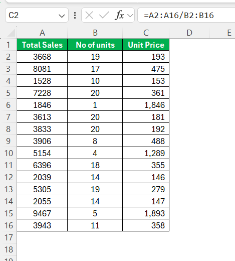 Divide 2 Columns in Excel