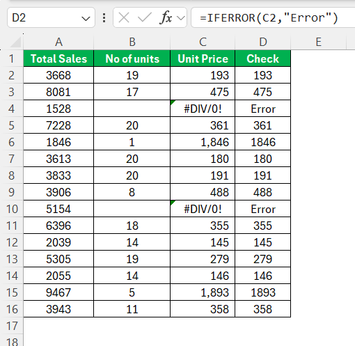 Divide 2 Columns in Excel