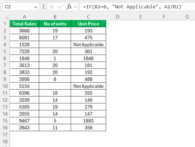 Divide 2 Columns in Excel