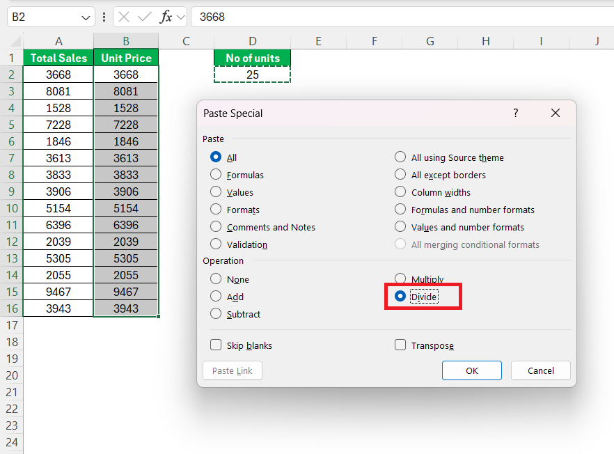 Divide 2 Columns in Excel