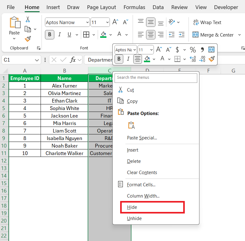 How to Hide Columns in Excel