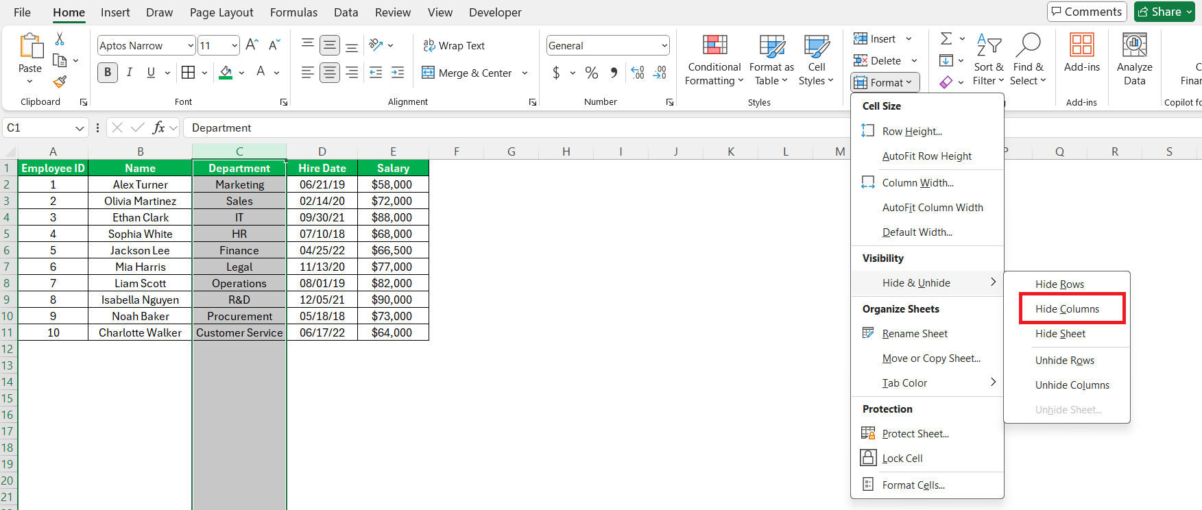 How to Hide Columns in Excel