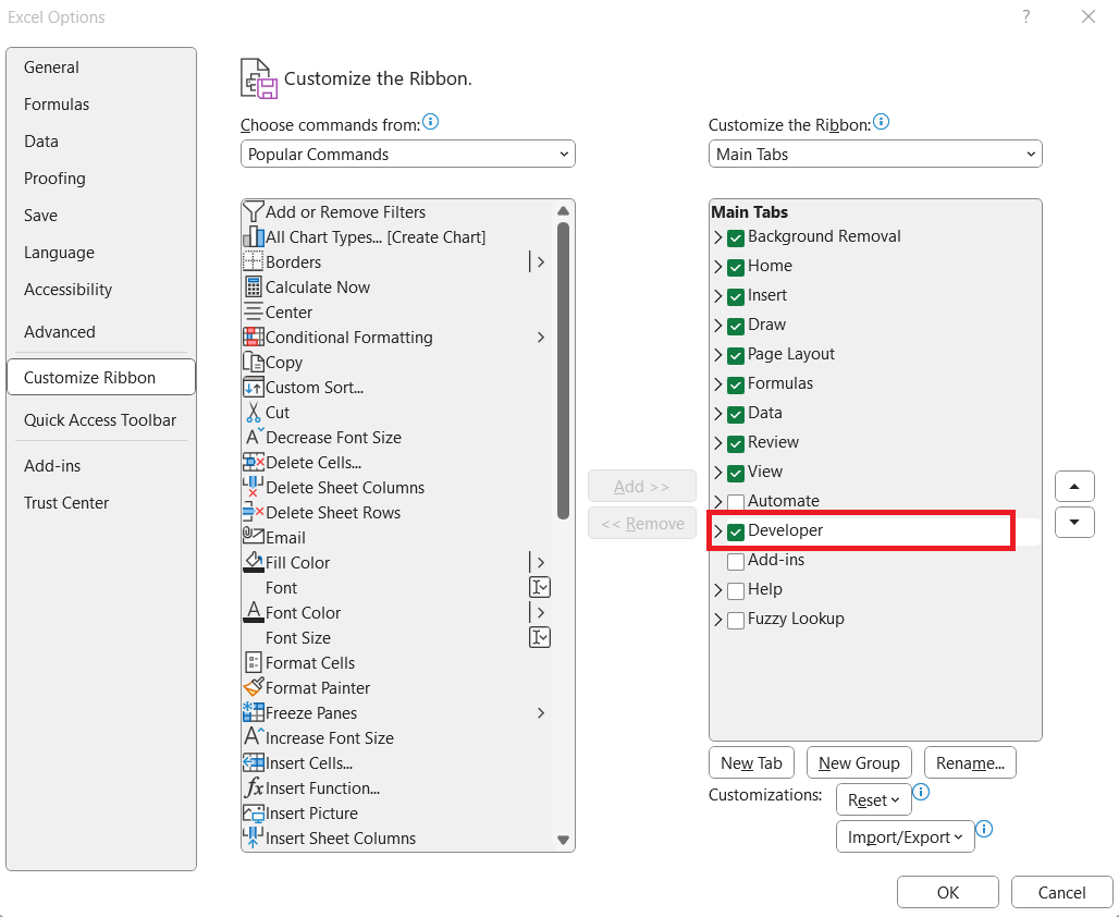 Excel Developer Tab