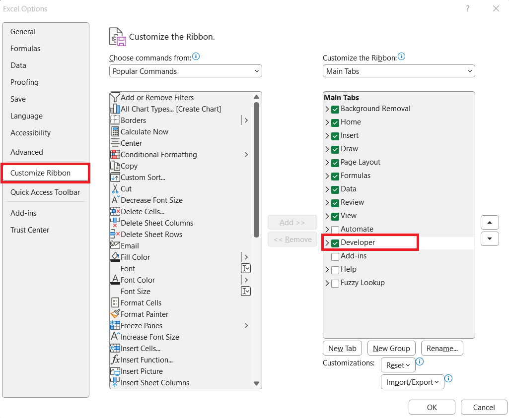 Excel Developer Tab