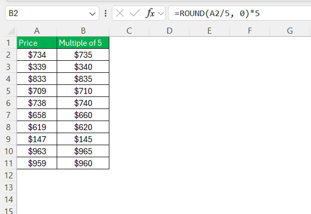 Multiple of 5 in Excel