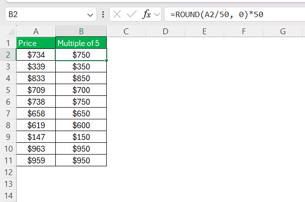 Multiple of 5 in Excel