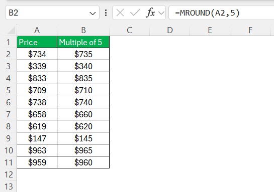 Multiple of 5 in Excel