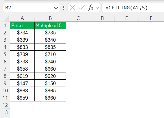 Multiple of 5 in Excel