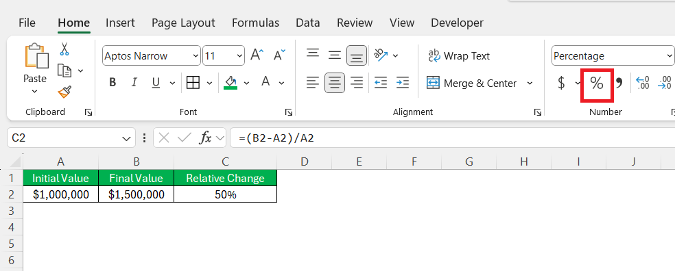 Relative Change Formulas in Excel