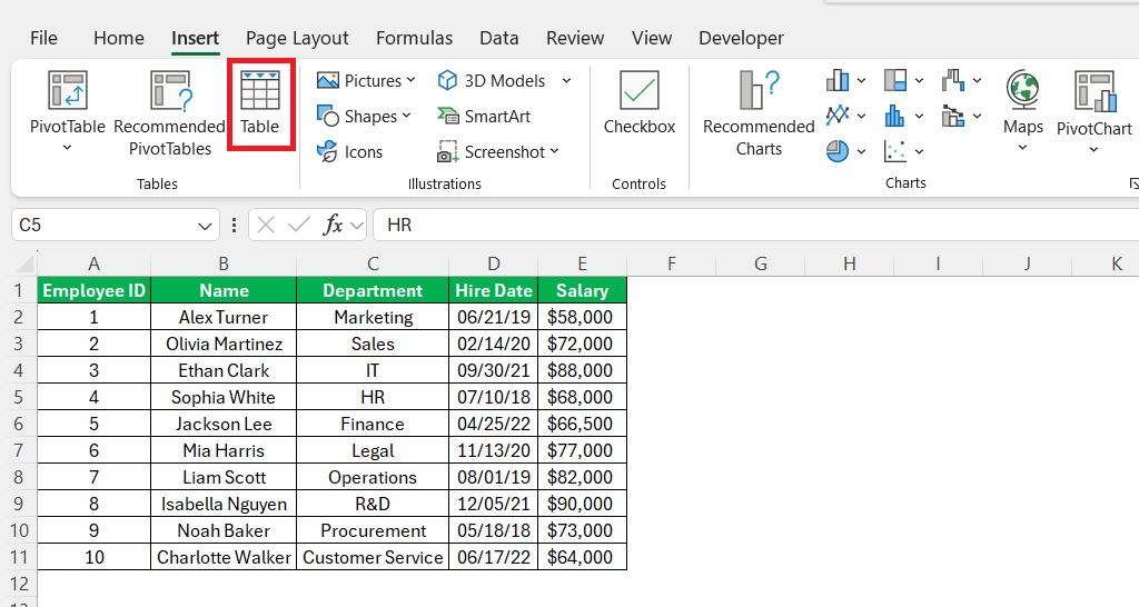 Draw Table in Excel