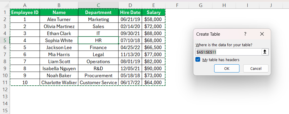 Draw Table in Excel