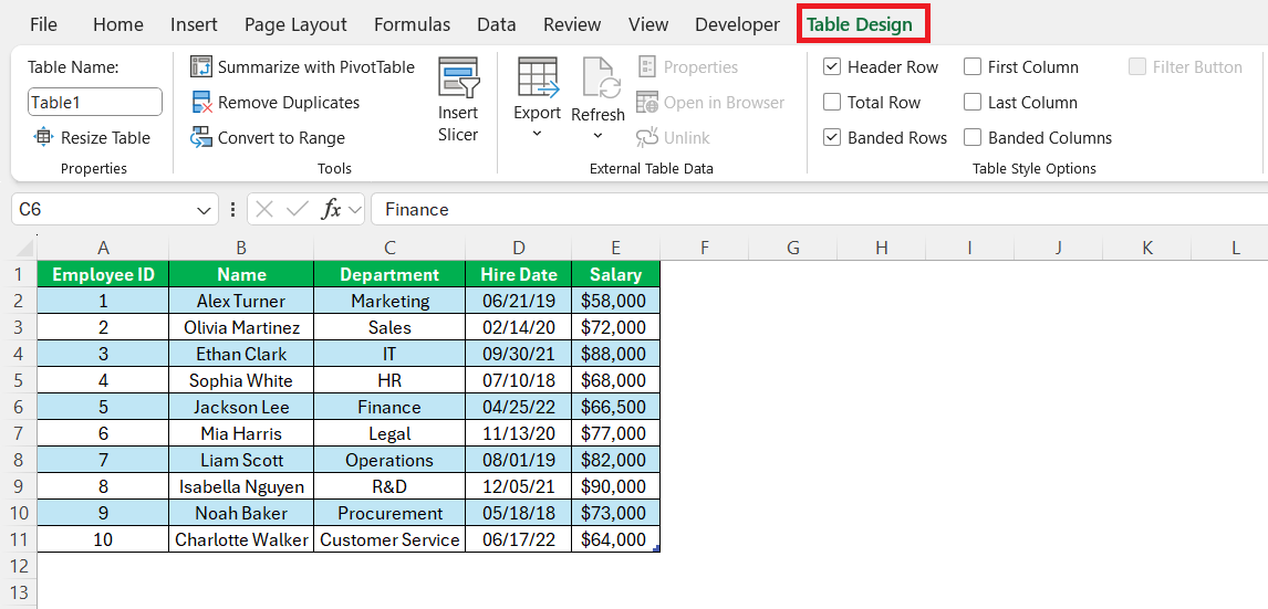 Draw Table in Excel