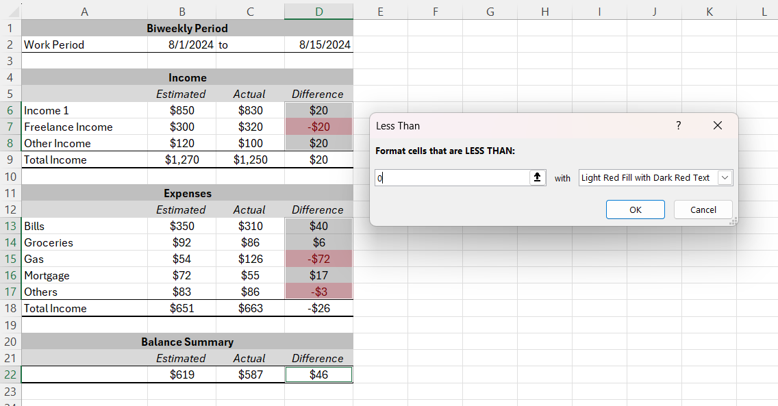 Biweekly Budget in Excel