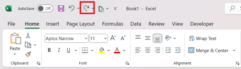 Redo Shortcut in Excel