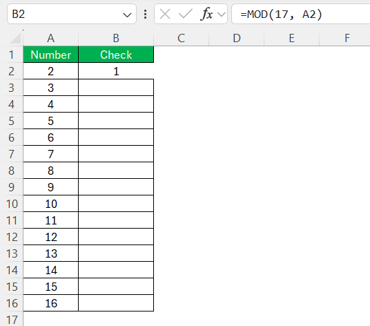 Is 17 prime number in Excel