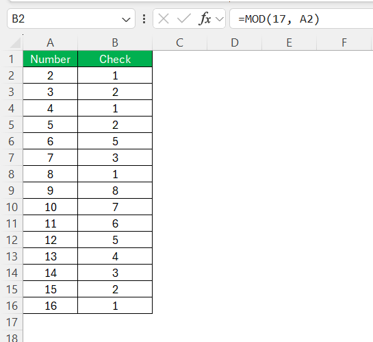 Is 17 prime number in Excel