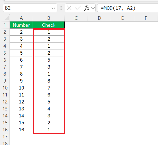 Is 17 prime number in Excel